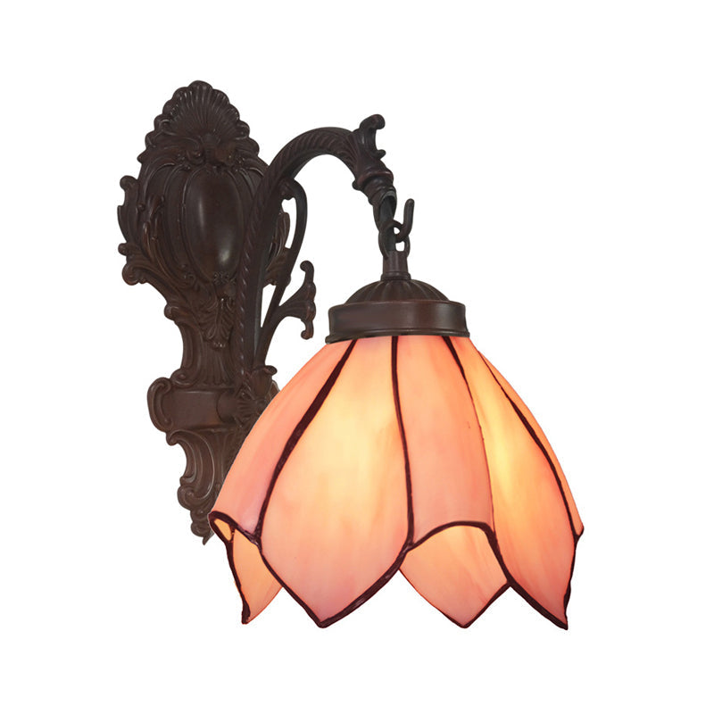 Hand Cut Glass Floral Wall Lighting Mediterranean 1 Bulb Black Wall Mounted Lamp with Curved Arm Pink Down Clearhalo 'Art deco wall lights' 'Cast Iron' 'Glass' 'Industrial' 'Middle century wall lights' 'Modern' 'Tiffany wall lights' 'Tiffany' 'Traditional wall lights' 'Wall Lamps & Sconces' 'Wall Lights' Lighting' 2029122