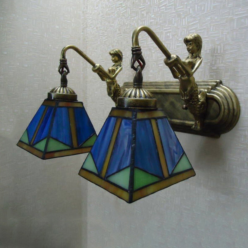 Trapezoid Wall Mount Light Fixture Tiffany Bronze Cut Glass Wall Lighting with Mermaid Arm Clearhalo 'Art deco wall lights' 'Cast Iron' 'Glass' 'Industrial' 'Middle century wall lights' 'Modern' 'Tiffany wall lights' 'Tiffany' 'Traditional wall lights' 'Wall Lamps & Sconces' 'Wall Lights' Lighting' 2029134