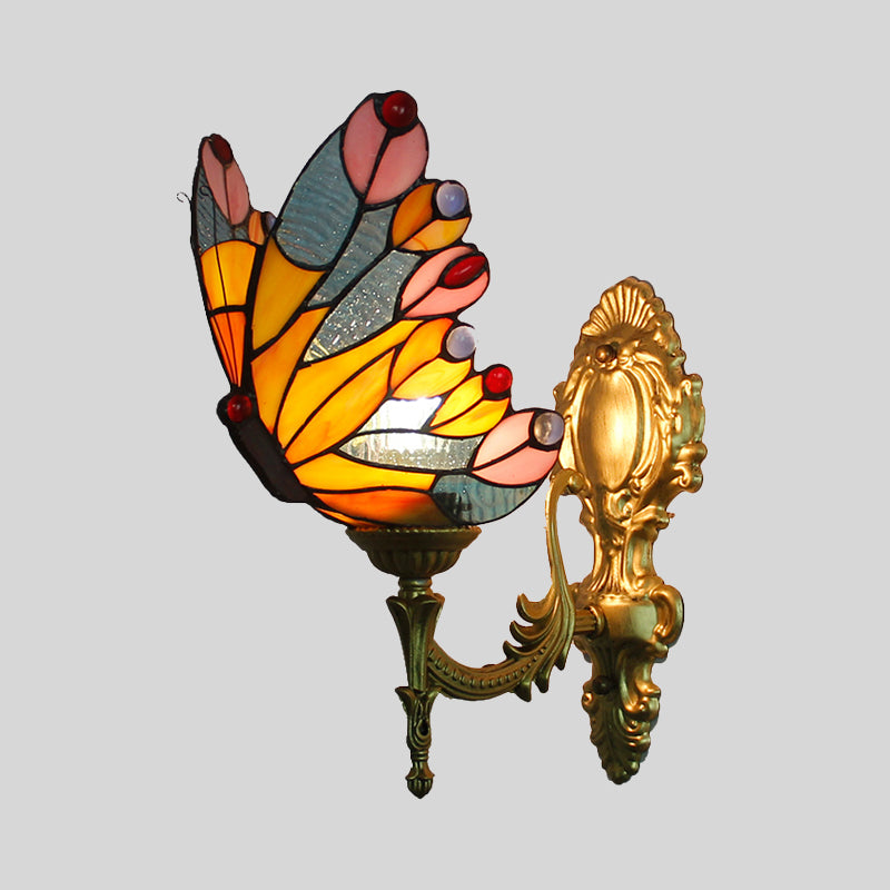 Curved Arm Stained Glass Wall Sconce Light Tiffany 1 Head Wall Mount Lamp with Geometry Shade Clearhalo 'Art deco wall lights' 'Cast Iron' 'Glass' 'Industrial wall lights' 'Industrial' 'Middle century wall lights' 'Modern' 'Rustic wall lights' 'Tiffany' 'Traditional wall lights' 'Wall Lamps & Sconces' 'Wall Lights' Lighting' 2029159