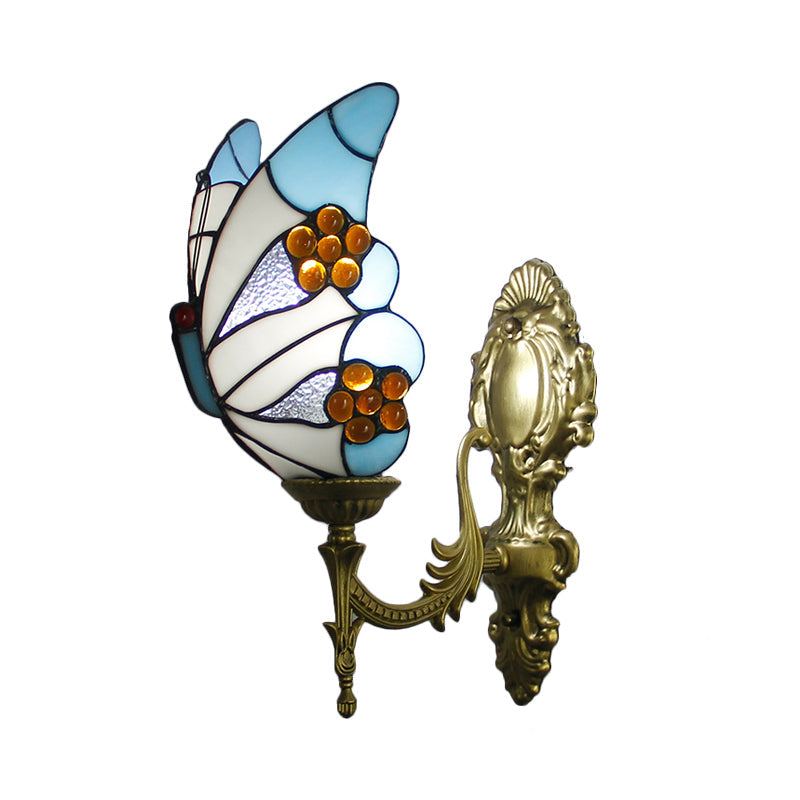 Curved Arm Stained Glass Wall Sconce Light Tiffany 1 Head Wall Mount Lamp with Geometry Shade Clearhalo 'Art deco wall lights' 'Cast Iron' 'Glass' 'Industrial wall lights' 'Industrial' 'Middle century wall lights' 'Modern' 'Rustic wall lights' 'Tiffany' 'Traditional wall lights' 'Wall Lamps & Sconces' 'Wall Lights' Lighting' 2029162