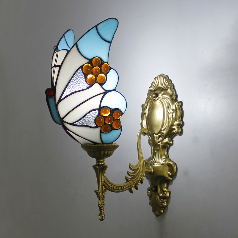 Curved Arm Stained Glass Wall Sconce Light Tiffany 1 Head Wall Mount Lamp with Geometry Shade Clearhalo 'Art deco wall lights' 'Cast Iron' 'Glass' 'Industrial wall lights' 'Industrial' 'Middle century wall lights' 'Modern' 'Rustic wall lights' 'Tiffany' 'Traditional wall lights' 'Wall Lamps & Sconces' 'Wall Lights' Lighting' 2029163