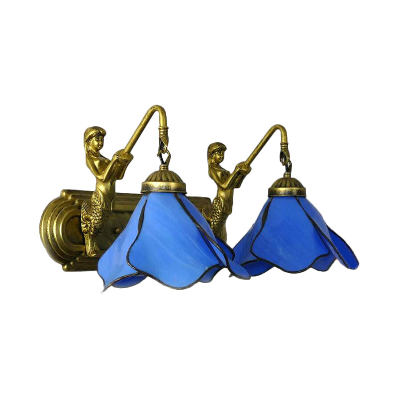Curved Arm Stained Glass Wall Sconce Light Tiffany 1 Head Wall Mount Lamp with Geometry Shade Blue Clearhalo 'Art deco wall lights' 'Cast Iron' 'Glass' 'Industrial wall lights' 'Industrial' 'Middle century wall lights' 'Modern' 'Rustic wall lights' 'Tiffany' 'Traditional wall lights' 'Wall Lamps & Sconces' 'Wall Lights' Lighting' 2029170