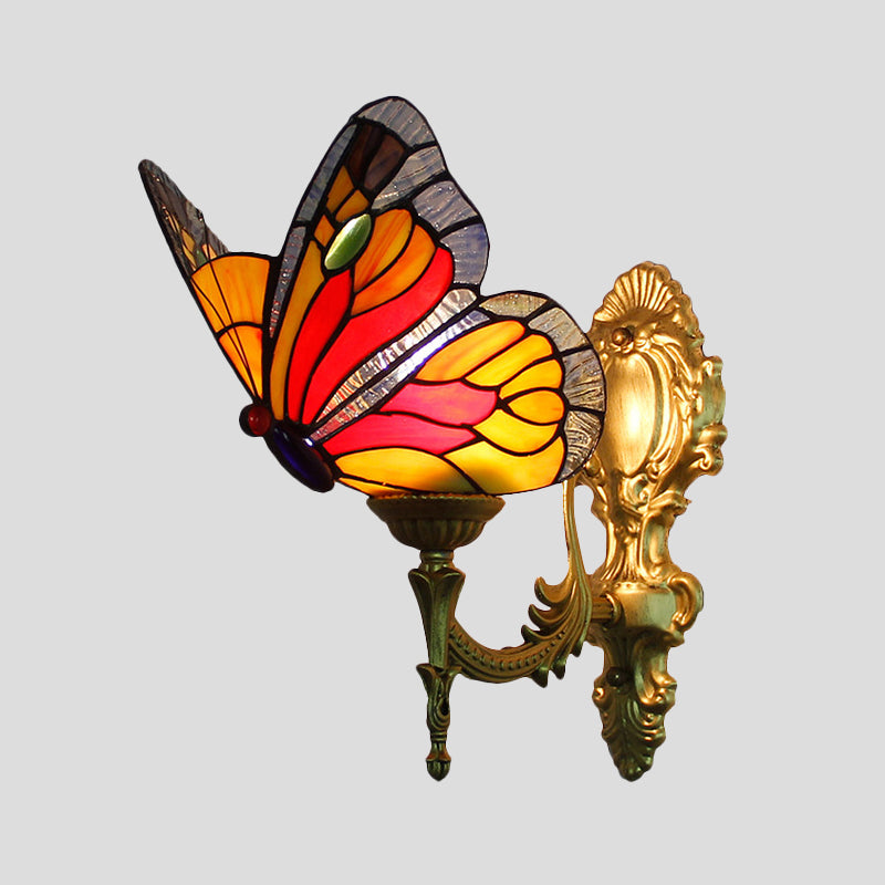 Curved Arm Stained Glass Wall Sconce Light Tiffany 1 Head Wall Mount Lamp with Geometry Shade Clearhalo 'Art deco wall lights' 'Cast Iron' 'Glass' 'Industrial wall lights' 'Industrial' 'Middle century wall lights' 'Modern' 'Rustic wall lights' 'Tiffany' 'Traditional wall lights' 'Wall Lamps & Sconces' 'Wall Lights' Lighting' 2029174