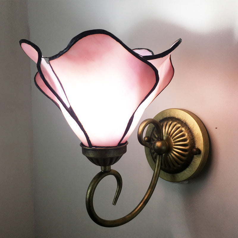 Metal Brass Wall Sconce Swirled Arm 1-Light Tiffany Wall Hanging Light with Geometry Cut Glass Shade Brass D Clearhalo 'Art deco wall lights' 'Cast Iron' 'Glass' 'Industrial' 'Middle century wall lights' 'Modern' 'Tiffany wall lights' 'Tiffany' 'Traditional wall lights' 'Wall Lamps & Sconces' 'Wall Lights' Lighting' 2029264