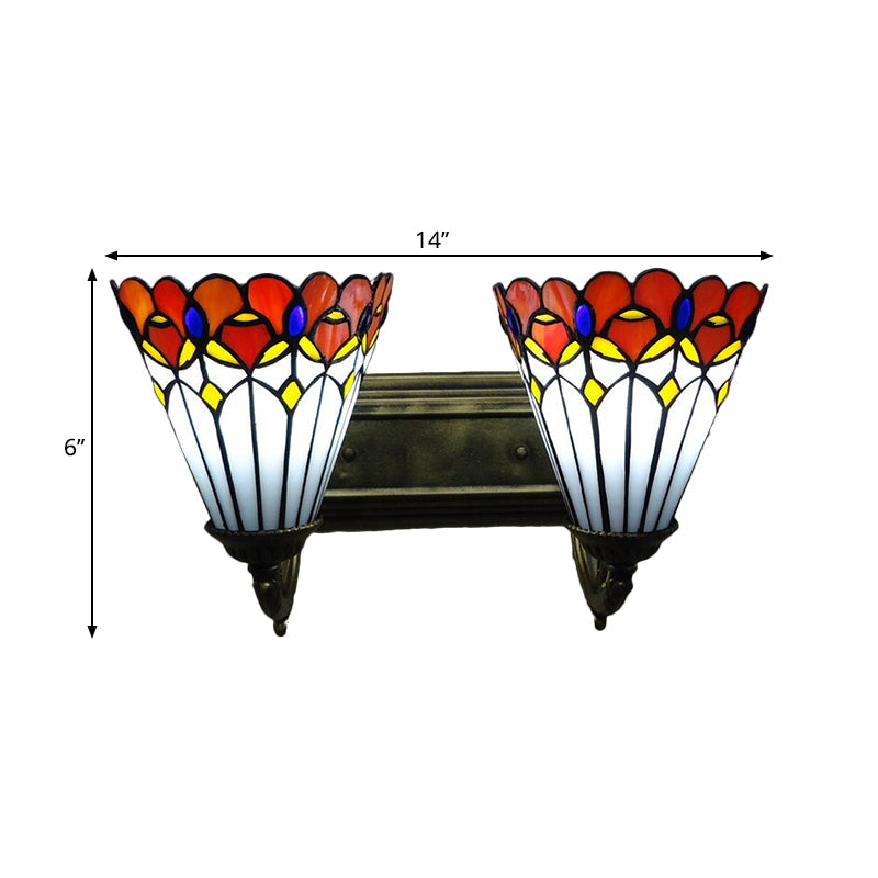Conical Wall Sconce Light Stained Glass Tiffany Wall Lighting with Curving Arm in Red Clearhalo 'Art deco wall lights' 'Cast Iron' 'Glass' 'Industrial' 'Middle century wall lights' 'Modern' 'Tiffany wall lights' 'Tiffany' 'Traditional wall lights' 'Wall Lamps & Sconces' 'Wall Lights' Lighting' 2029286