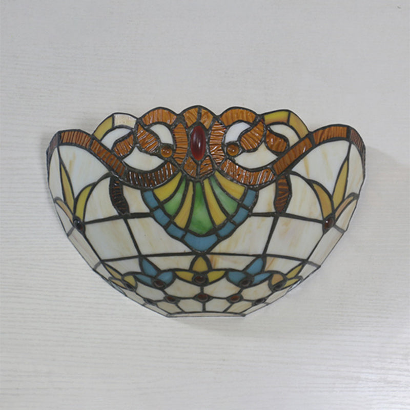 1-Head Flush Wall Sconce Tiffany Style Bowl Shade Stained Glass Wall Light Fixture Clearhalo 'Art deco wall lights' 'Cast Iron' 'Glass' 'Industrial' 'Middle century wall lights' 'Modern' 'Tiffany wall lights' 'Tiffany' 'Traditional wall lights' 'Wall Lamps & Sconces' 'Wall Lights' Lighting' 2029317