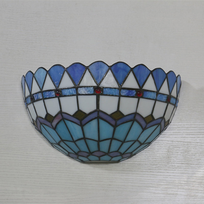 1-Head Flush Wall Sconce Tiffany Style Bowl Shade Stained Glass Wall Light Fixture Clearhalo 'Art deco wall lights' 'Cast Iron' 'Glass' 'Industrial' 'Middle century wall lights' 'Modern' 'Tiffany wall lights' 'Tiffany' 'Traditional wall lights' 'Wall Lamps & Sconces' 'Wall Lights' Lighting' 2029322