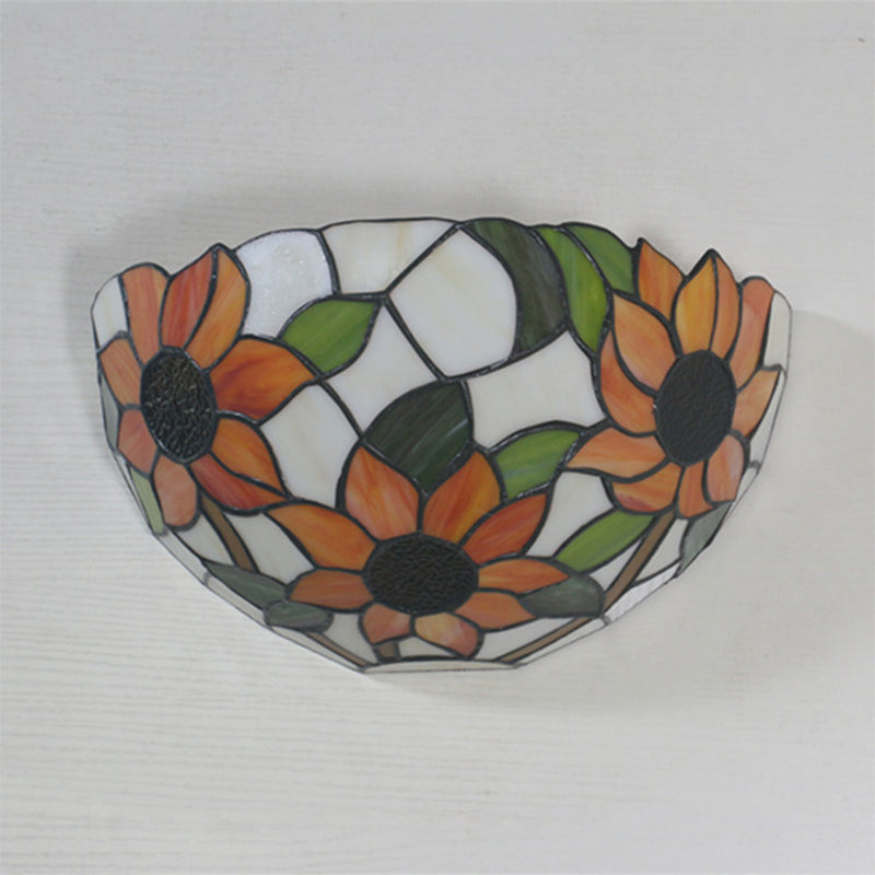 1-Head Flush Wall Sconce Tiffany Style Bowl Shade Stained Glass Wall Light Fixture Clearhalo 'Art deco wall lights' 'Cast Iron' 'Glass' 'Industrial' 'Middle century wall lights' 'Modern' 'Tiffany wall lights' 'Tiffany' 'Traditional wall lights' 'Wall Lamps & Sconces' 'Wall Lights' Lighting' 2029326