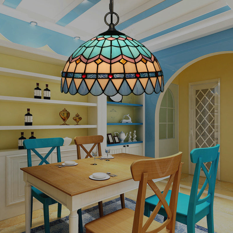 Lattice Bowl Pendulum Light Tiffany Stained Glass 1-Light Blue Suspension Lamp for Dining Room Clearhalo 'Art Deco Pendants' 'Cast Iron' 'Ceiling Lights' 'Ceramic' 'Crystal' 'Industrial' 'Metal' 'Middle Century Pendants' 'Pendant Lights' 'Pendants' 'Tiffany close to ceiling' 'Tiffany Pendants' 'Tiffany' Lighting' 2029508