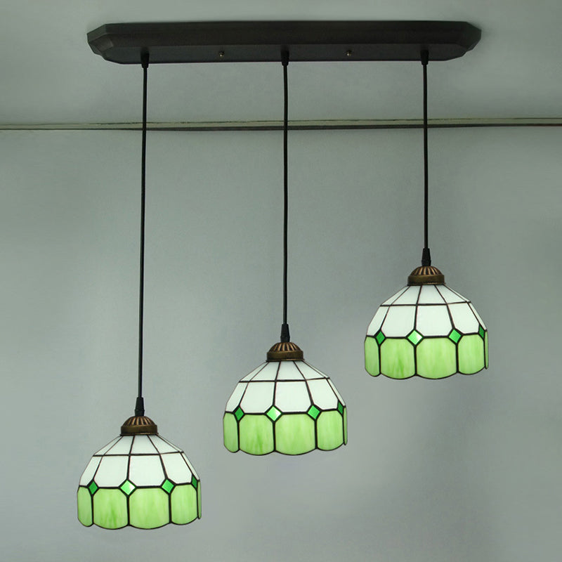 3 Heads Dining Room Cluster Pendant Victorian Green Hanging Ceiling Light with Grid Dome Hand Cut Glass Shade Clearhalo 'Art Deco Pendants' 'Cast Iron' 'Ceiling Lights' 'Ceramic' 'Chandeliers' 'Crystal' 'Industrial' 'Metal' 'Middle Century Pendants' 'Pendant Lights' 'Pendants' 'Tiffany close to ceiling' 'Tiffany Pendants' 'Tiffany' Lighting' 2029606