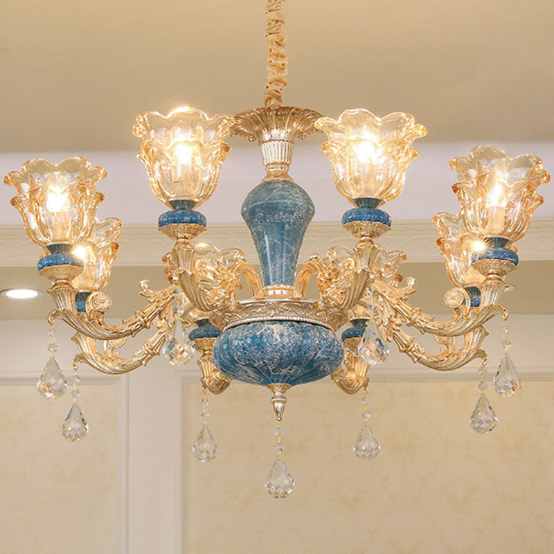 Swooping Arm Living Room Pendant Chandelier Rustic Metal Gold Hanging Ceiling Light with Flower Clear Textured Glass Shade Clearhalo 'Ceiling Lights' 'Chandeliers' Lighting' options 2029785