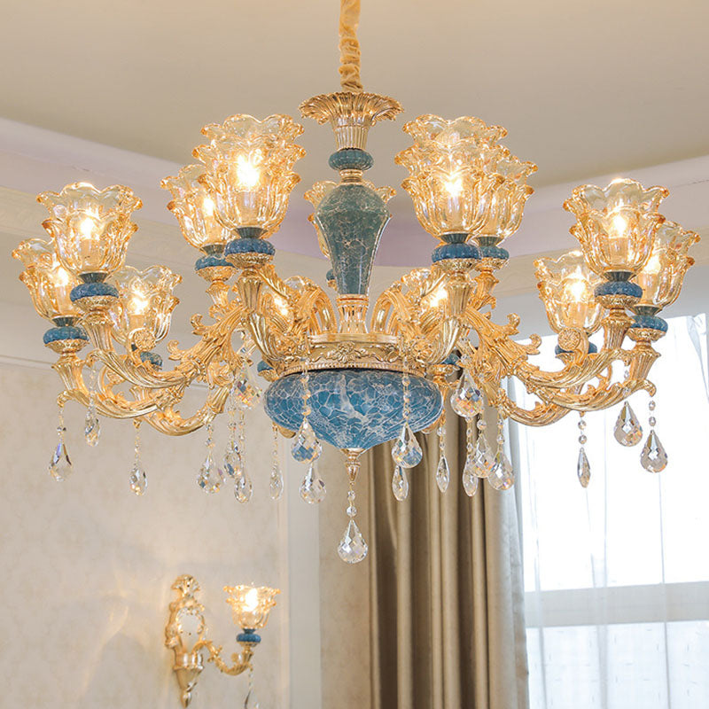 Swooping Arm Living Room Pendant Chandelier Rustic Metal Gold Hanging Ceiling Light with Flower Clear Textured Glass Shade Clearhalo 'Ceiling Lights' 'Chandeliers' Lighting' options 2029788