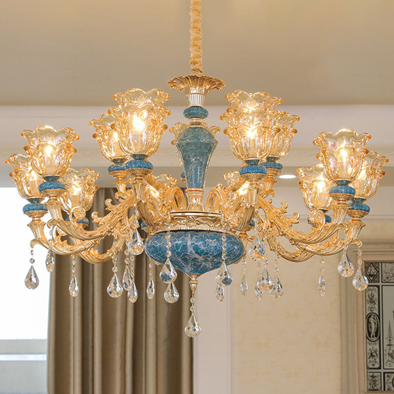 Swooping Arm Living Room Pendant Chandelier Rustic Metal Gold Hanging Ceiling Light with Flower Clear Textured Glass Shade Clearhalo 'Ceiling Lights' 'Chandeliers' Lighting' options 2029790