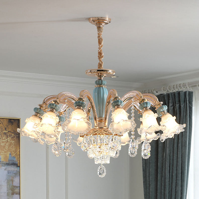 Nordic Flower Ceiling Suspension Lamp Frosted Glass Living Room Chandelier Light Fixture in Gold Clearhalo 'Ceiling Lights' 'Chandeliers' 'Modern Chandeliers' 'Modern' Lighting' 2029820