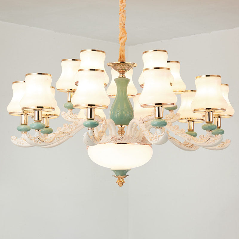 Flared Frosted Glass Suspension Lighting Modern White Ceramics Chandelier Light for Living Room 15 White Clearhalo 'Ceiling Lights' 'Chandeliers' 'Modern Chandeliers' 'Modern' Lighting' 2029866