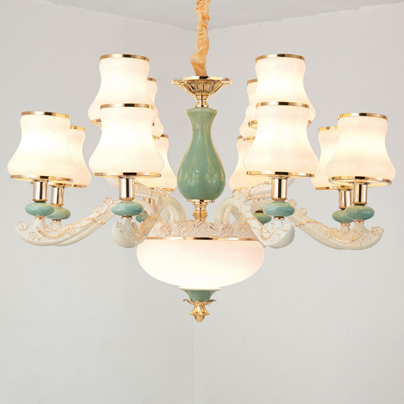 Flared Frosted Glass Suspension Lighting Modern White Ceramics Chandelier Light for Living Room 12 White Clearhalo 'Ceiling Lights' 'Chandeliers' 'Modern Chandeliers' 'Modern' Lighting' 2029869
