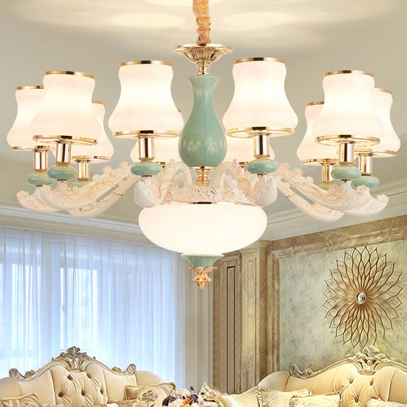Flared Frosted Glass Suspension Lighting Modern White Ceramics Chandelier Light for Living Room 10 White Clearhalo 'Ceiling Lights' 'Chandeliers' 'Modern Chandeliers' 'Modern' Lighting' 2029870