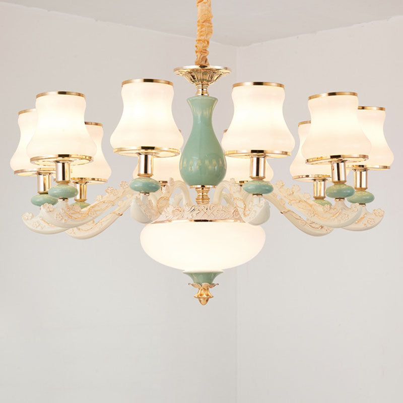 Flared Frosted Glass Suspension Lighting Modern White Ceramics Chandelier Light for Living Room Clearhalo 'Ceiling Lights' 'Chandeliers' 'Modern Chandeliers' 'Modern' Lighting' 2029871