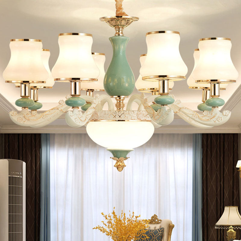 Flared Frosted Glass Suspension Lighting Modern White Ceramics Chandelier Light for Living Room 8 White Clearhalo 'Ceiling Lights' 'Chandeliers' 'Modern Chandeliers' 'Modern' Lighting' 2029872