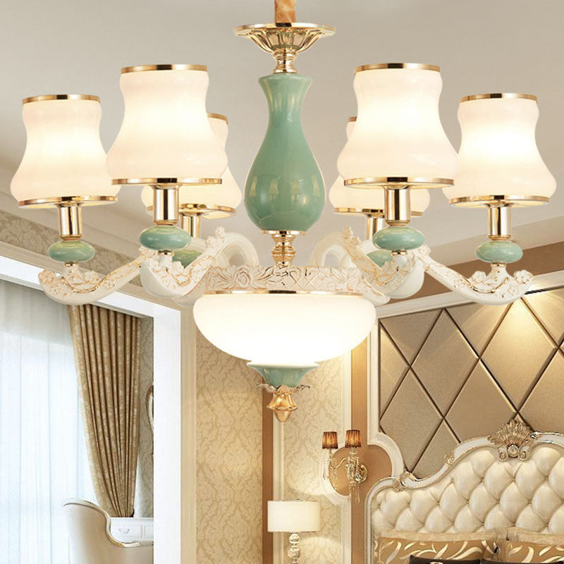 Flared Frosted Glass Suspension Lighting Modern White Ceramics Chandelier Light for Living Room 6 White Clearhalo 'Ceiling Lights' 'Chandeliers' 'Modern Chandeliers' 'Modern' Lighting' 2029874