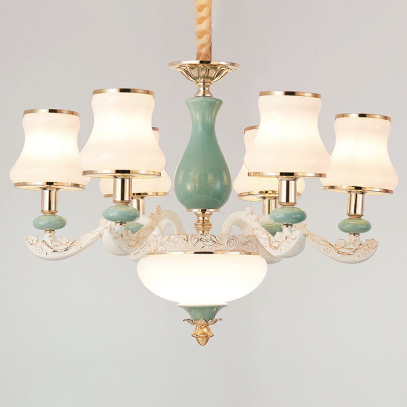 Flared Frosted Glass Suspension Lighting Modern White Ceramics Chandelier Light for Living Room Clearhalo 'Ceiling Lights' 'Chandeliers' 'Modern Chandeliers' 'Modern' Lighting' 2029875