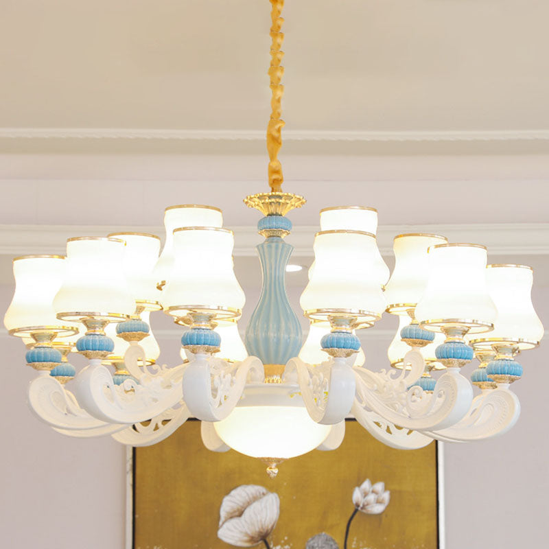 White Glass Tapered Chandelier Contemporary Light Blue Pendant Lighting for Living Room Clearhalo 'Ceiling Lights' 'Chandeliers' 'Modern Chandeliers' 'Modern' Lighting' 2029878