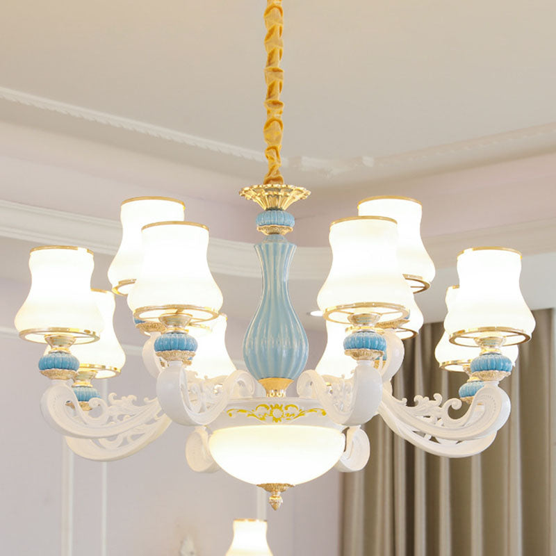 White Glass Tapered Chandelier Contemporary Light Blue Pendant Lighting for Living Room 12 White Clearhalo 'Ceiling Lights' 'Chandeliers' 'Modern Chandeliers' 'Modern' Lighting' 2029881