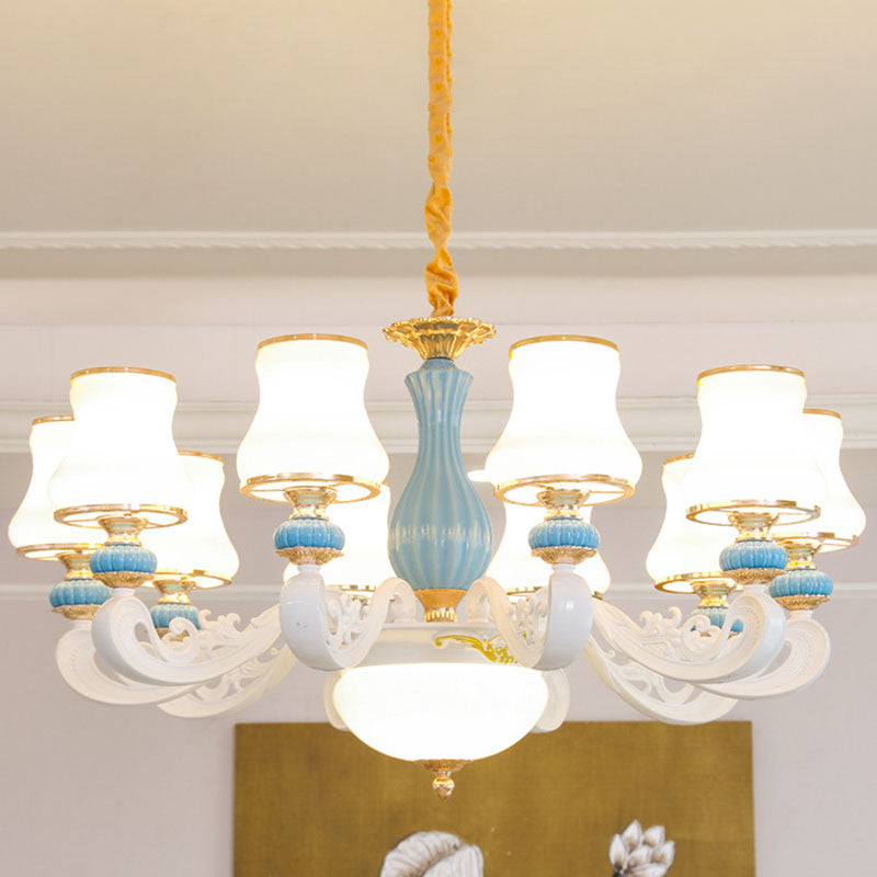 White Glass Tapered Chandelier Contemporary Light Blue Pendant Lighting for Living Room Clearhalo 'Ceiling Lights' 'Chandeliers' 'Modern Chandeliers' 'Modern' Lighting' 2029883