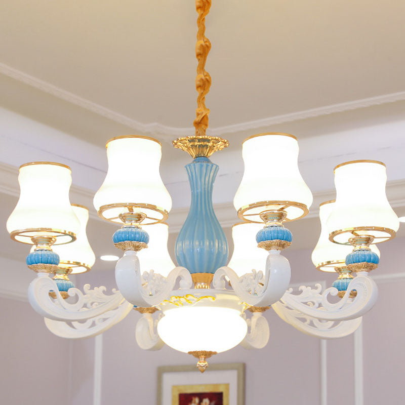 White Glass Tapered Chandelier Contemporary Light Blue Pendant Lighting for Living Room 8 White Clearhalo 'Ceiling Lights' 'Chandeliers' 'Modern Chandeliers' 'Modern' Lighting' 2029884