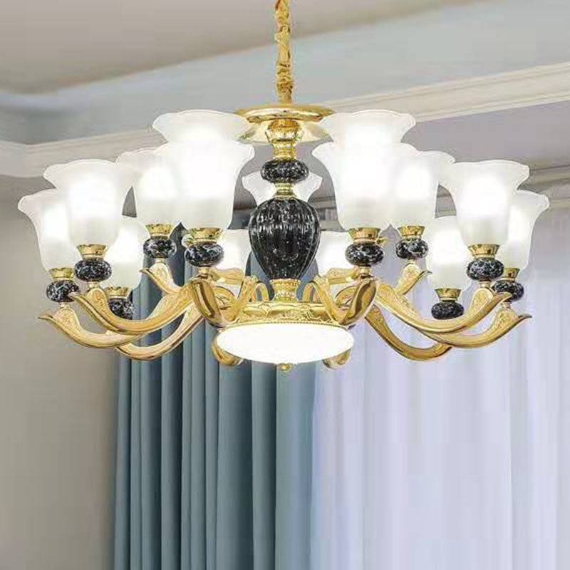 Frosted Glass Morning Glory Hanging Lamp Minimal Chandelier Light Fixture for Living Room 15 Black Clearhalo 'Ceiling Lights' 'Chandeliers' 'Modern Chandeliers' 'Modern' Lighting' 2029935