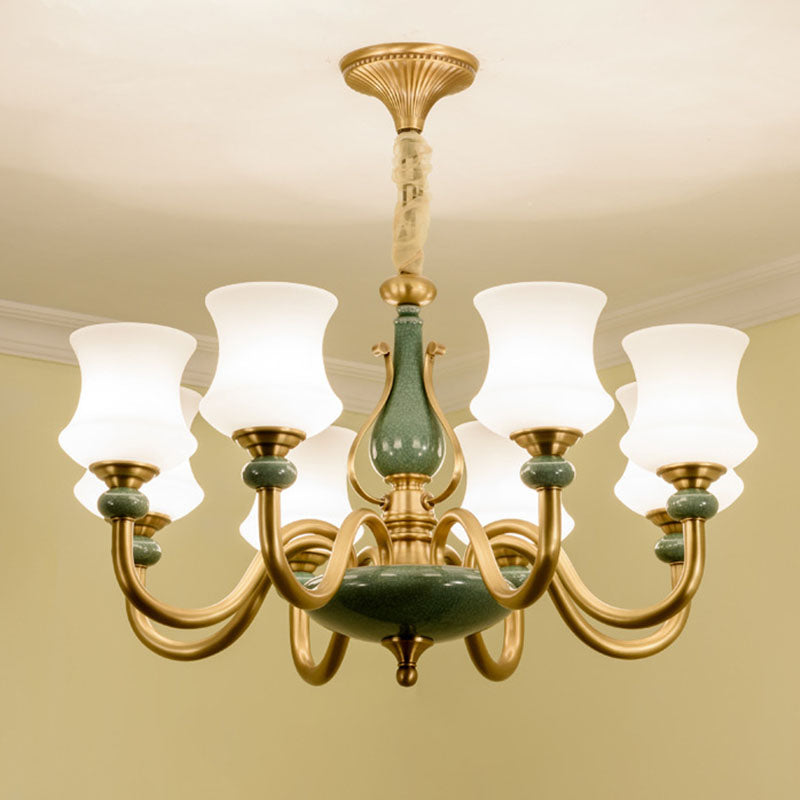 Tapered Living Room Pendant Lamp Frosted Glass Minimalistic Chandelier Lighting Fixture in Green Clearhalo 'Ceiling Lights' 'Chandeliers' 'Modern Chandeliers' 'Modern' Lighting' 2029977