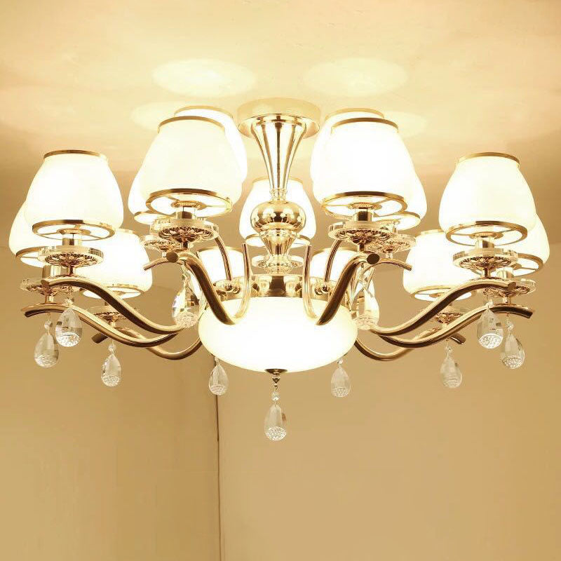 Gold Urn Shade Pendant Lighting Modernist White Glass Hanging Chandelier with Crystal Droplet 15 White Clearhalo 'Ceiling Lights' 'Chandeliers' 'Modern Chandeliers' 'Modern' Lighting' 2030005