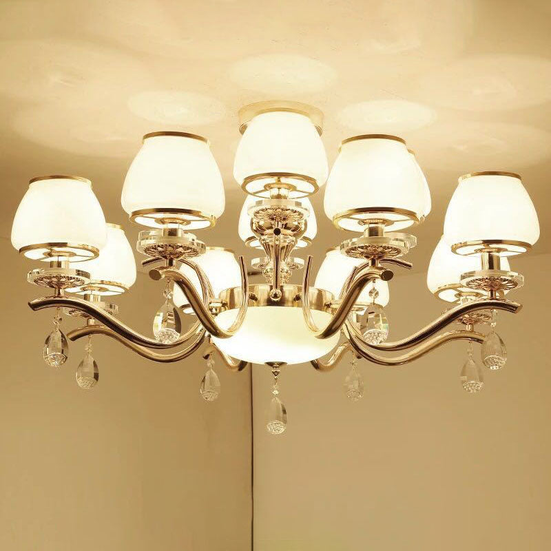 Gold Urn Shade Pendant Lighting Modernist White Glass Hanging Chandelier with Crystal Droplet 12 White Clearhalo 'Ceiling Lights' 'Chandeliers' 'Modern Chandeliers' 'Modern' Lighting' 2030007