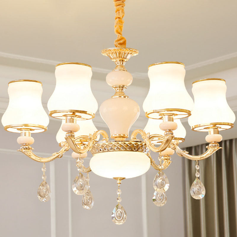 Simple Chandelier Light Fixture Gold Curved Down Lighting Pendant with White Frosted Glass Shade 6 White C Clearhalo 'Ceiling Lights' 'Chandeliers' 'Modern Chandeliers' 'Modern' Lighting' 2030030