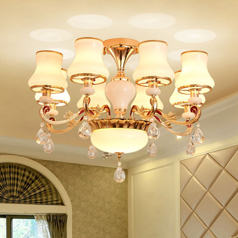 Simplicity Flared Chandelier Light Opal Frosted Glass Living Room Drop Pendant in Gold 8 Gold Clearhalo 'Ceiling Lights' 'Chandeliers' 'Modern Chandeliers' 'Modern' Lighting' 2030054