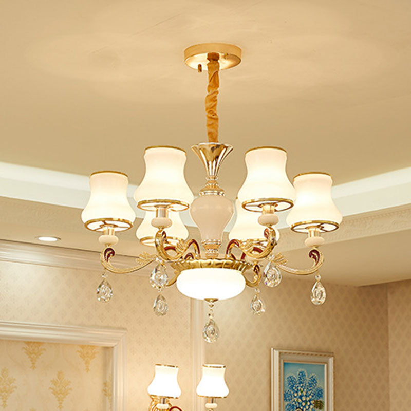 Simplicity Flared Chandelier Light Opal Frosted Glass Living Room Drop Pendant in Gold 6 Gold Clearhalo 'Ceiling Lights' 'Chandeliers' 'Modern Chandeliers' 'Modern' Lighting' 2030055