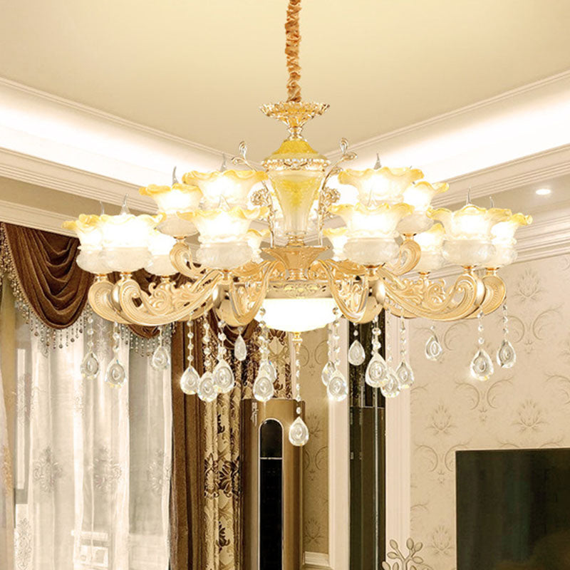 Petal Frosted Glass Hanging Light Kit Minimalistic Gold Pendant Chandelier with Crystal Droplet 15 Gold Clearhalo 'Ceiling Lights' 'Chandeliers' 'Modern Chandeliers' 'Modern' Lighting' 2030075