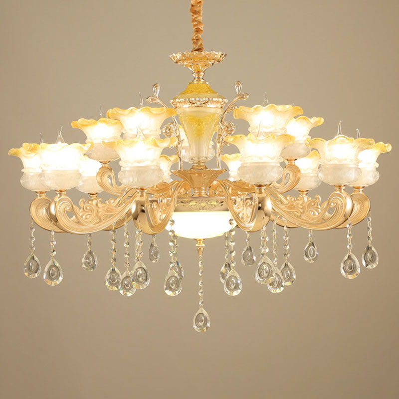 Petal Frosted Glass Hanging Light Kit Minimalistic Gold Pendant Chandelier with Crystal Droplet Clearhalo 'Ceiling Lights' 'Chandeliers' 'Modern Chandeliers' 'Modern' Lighting' 2030076