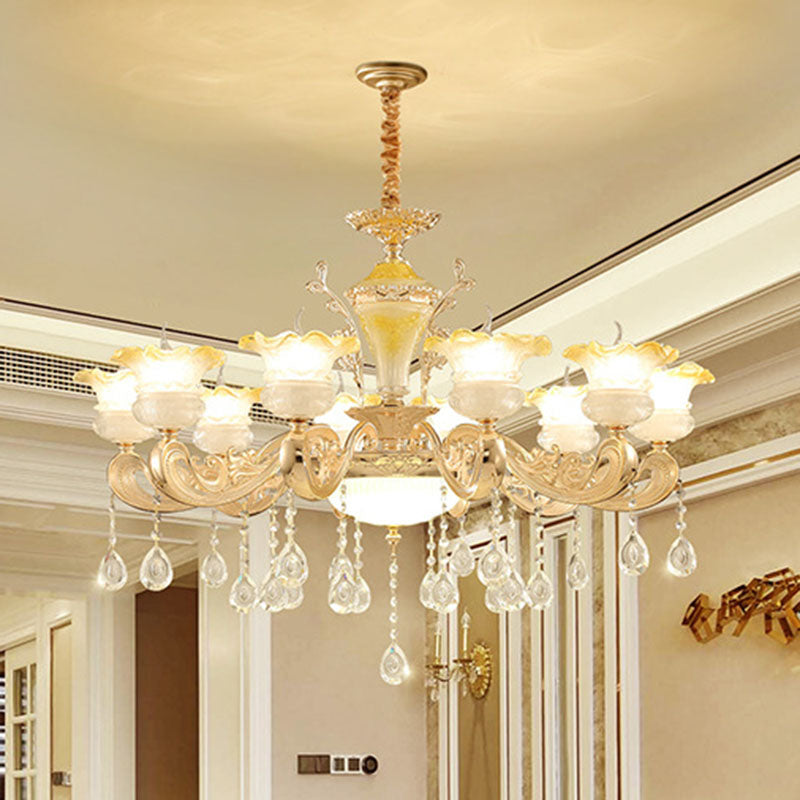Petal Frosted Glass Hanging Light Kit Minimalistic Gold Pendant Chandelier with Crystal Droplet 10 Gold Clearhalo 'Ceiling Lights' 'Chandeliers' 'Modern Chandeliers' 'Modern' Lighting' 2030077