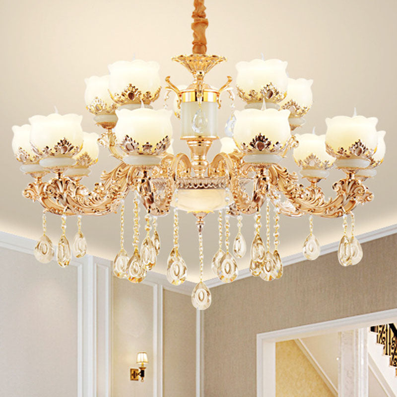 Minimal Chandelier Light Fixture Gold Blossom Crystal Pendant Lighting with Jade Shade Clearhalo 'Ceiling Lights' 'Chandeliers' 'Modern Chandeliers' 'Modern' Lighting' 2030126