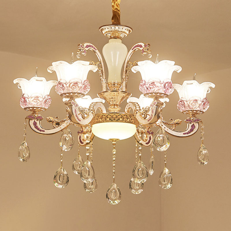 Modern Flower Hanging Chandelier Frosted Glass Living Room Drop Pendant with Dangling Crystal Accent Clearhalo 'Ceiling Lights' 'Chandeliers' 'Modern Chandeliers' 'Modern' Lighting' 2030145