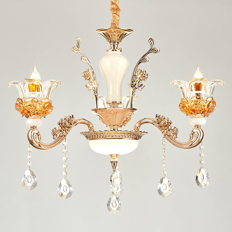 Living Room Chandelier Lamp Simple Gold Suspension Light Fixture with Floral Clear Glass Shade 3 Gold Clearhalo 'Ceiling Lights' 'Chandeliers' 'Modern Chandeliers' 'Modern' Lighting' 2030169