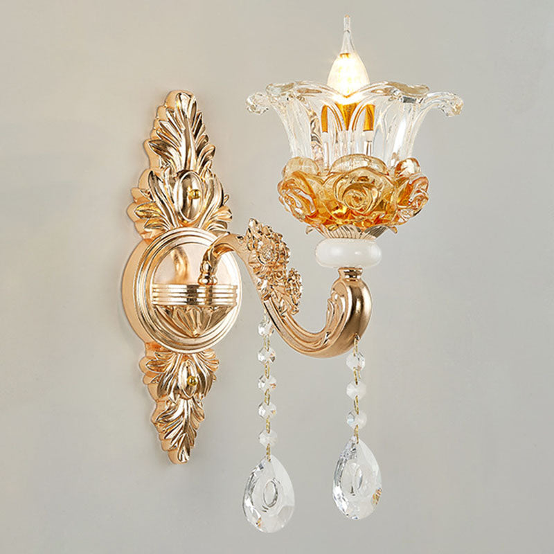 Living Room Chandelier Lamp Simple Gold Suspension Light Fixture with Floral Clear Glass Shade 1 Gold Clearhalo 'Ceiling Lights' 'Chandeliers' 'Modern Chandeliers' 'Modern' Lighting' 2030171