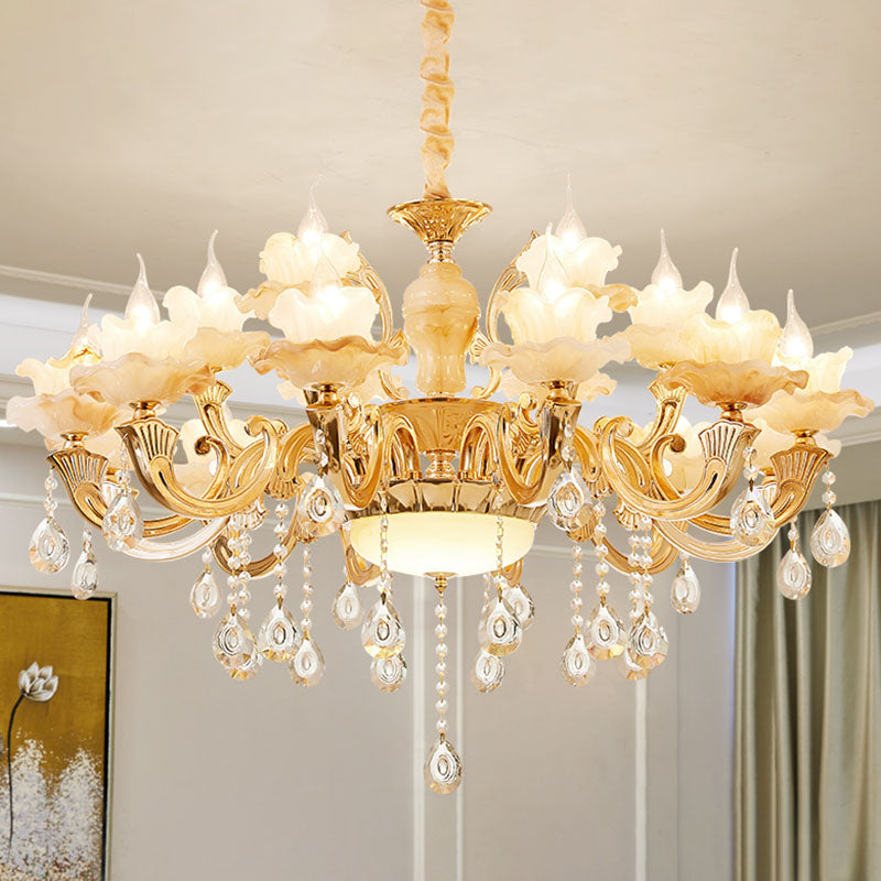Blossom Jade Chandelier Light Fixture Minimalist Gold Hanging Lamp Kit with Crystal Draping 18 Gold A Clearhalo 'Ceiling Lights' 'Chandeliers' 'Modern Chandeliers' 'Modern' Lighting' 2030172