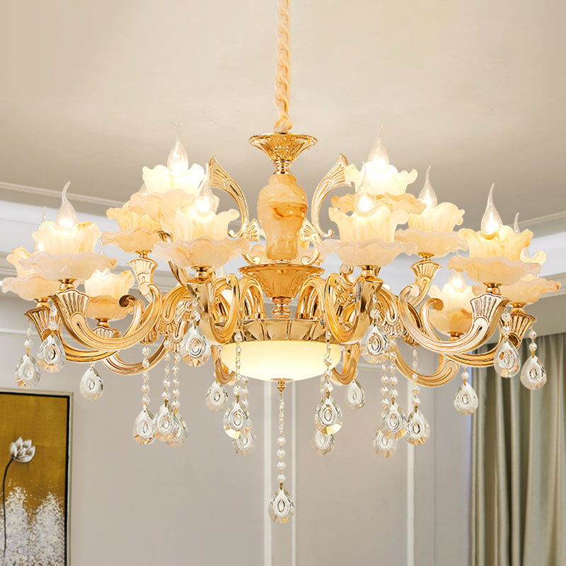 Blossom Jade Chandelier Light Fixture Minimalist Gold Hanging Lamp Kit with Crystal Draping 15 Gold A Clearhalo 'Ceiling Lights' 'Chandeliers' 'Modern Chandeliers' 'Modern' Lighting' 2030173