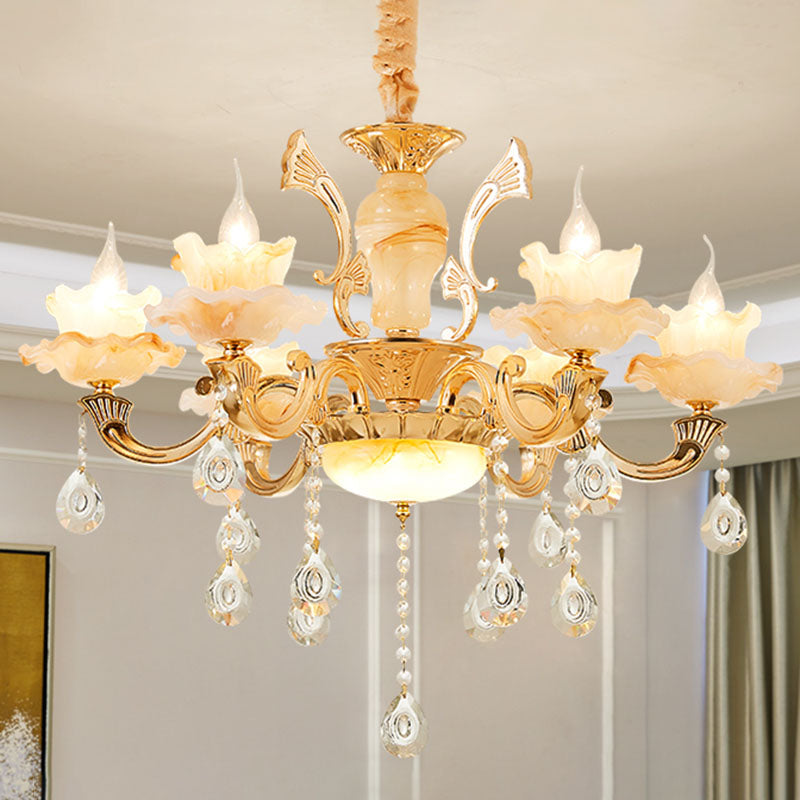 Blossom Jade Chandelier Light Fixture Minimalist Gold Hanging Lamp Kit with Crystal Draping 6 Gold A Clearhalo 'Ceiling Lights' 'Chandeliers' 'Modern Chandeliers' 'Modern' Lighting' 2030179