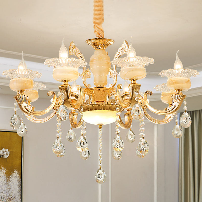 Blossom Jade Chandelier Light Fixture Minimalist Gold Hanging Lamp Kit with Crystal Draping 8 Gold B Clearhalo 'Ceiling Lights' 'Chandeliers' 'Modern Chandeliers' 'Modern' Lighting' 2030185