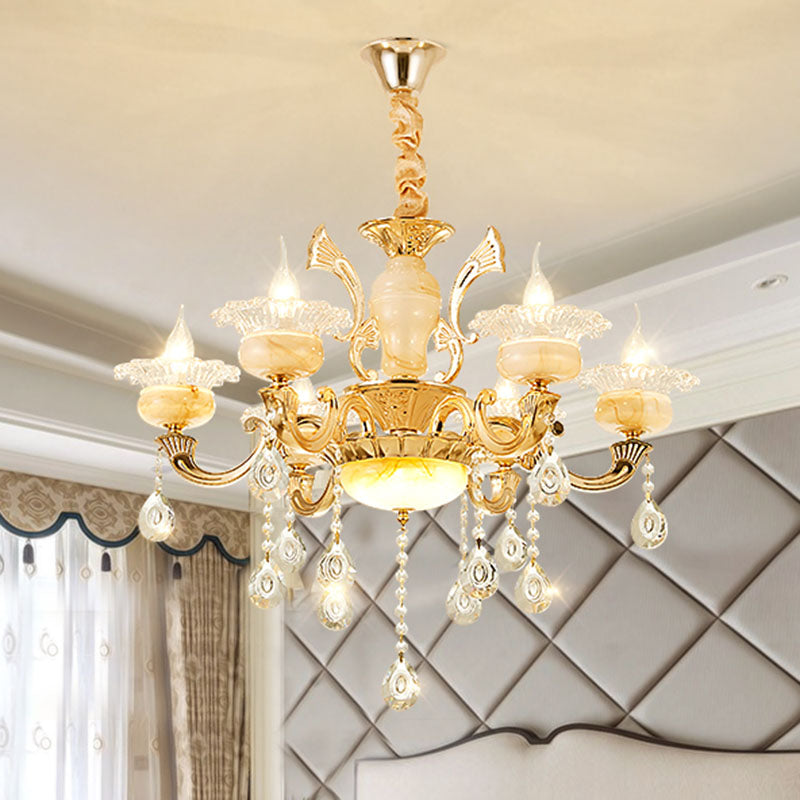 Blossom Jade Chandelier Light Fixture Minimalist Gold Hanging Lamp Kit with Crystal Draping 6 Gold B Clearhalo 'Ceiling Lights' 'Chandeliers' 'Modern Chandeliers' 'Modern' Lighting' 2030186