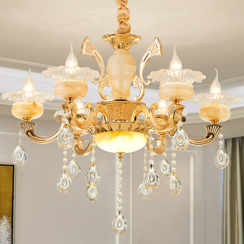 Blossom Jade Chandelier Light Fixture Minimalist Gold Hanging Lamp Kit with Crystal Draping Clearhalo 'Ceiling Lights' 'Chandeliers' 'Modern Chandeliers' 'Modern' Lighting' 2030187