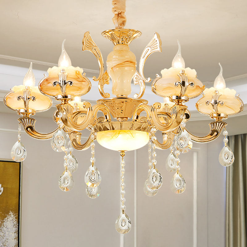 Blossom Jade Chandelier Light Fixture Minimalist Gold Hanging Lamp Kit with Crystal Draping 6 Gold C Clearhalo 'Ceiling Lights' 'Chandeliers' 'Modern Chandeliers' 'Modern' Lighting' 2030193